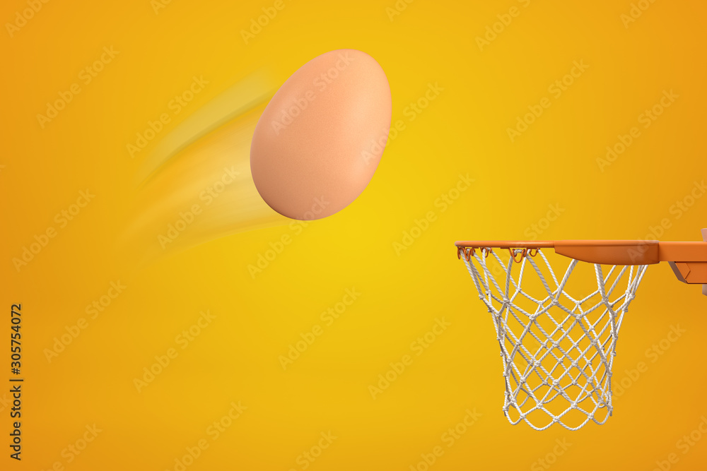 3d rendering of chicken egg that has been thrown in air and is flying toward basketball hoop on amber background. 3d rendering of chicken egg that has been thrown in air and is flying toward basketball hoop on amber background.