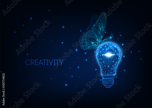Futuristic ecologically friendly idea concept with glowing low polygonal light bulb and butterfly