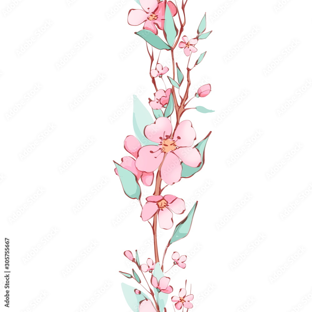 Seamless border. Branches of pink blossoming sakura, isolated on white Seamless border. Branches of pink blossoming sakura, isolated on white