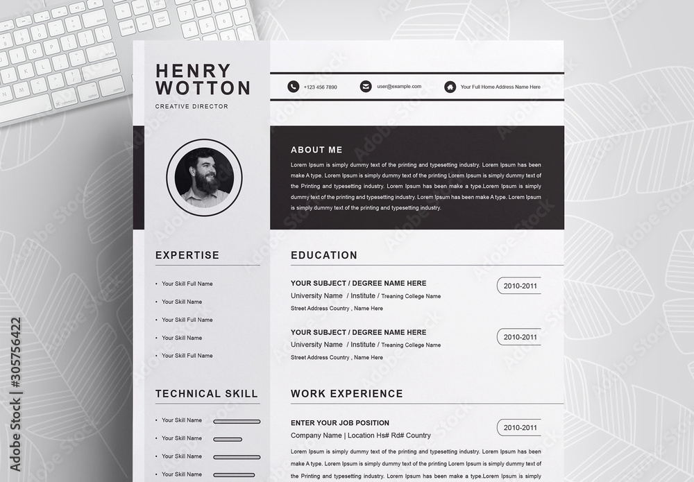 Resume Layout with Dark Gray Sidebar and Black Header Stock Template
