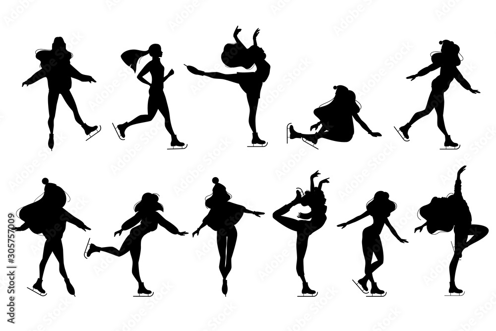 Obraz premium Set of silhouettes figure skating graceful girls in beautiful poses. Winter sports activity figure ice skating illustrations — women sillhoettes on ice rink set isolated on white background - Vector