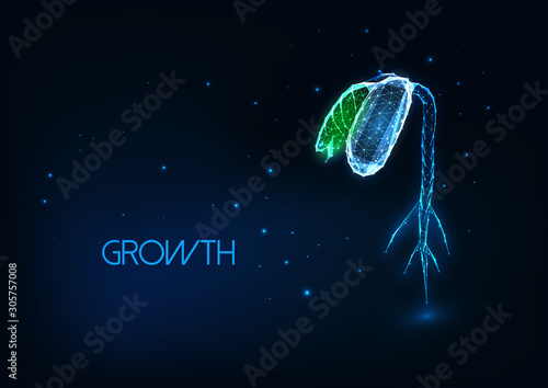 Futuristic agriculture growth concept with glowing low polygonal green bean sprout