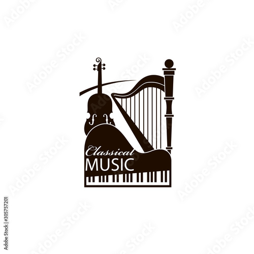 monochrome classical concert emblem with piano, harp and violin