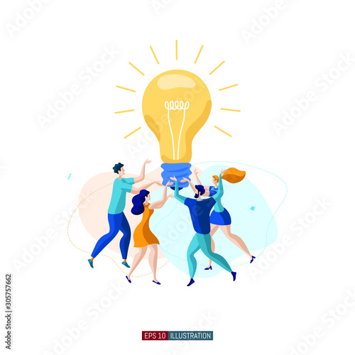 Trendy flat illustration. Cooperation of people who implement the joint idea. Illustration of the idea birth process. Template for your design works. Vector graphics.
