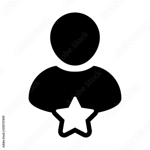 Credit icon vector with star male user person profile avatar symbol for rating in a glyph pictogram illustration