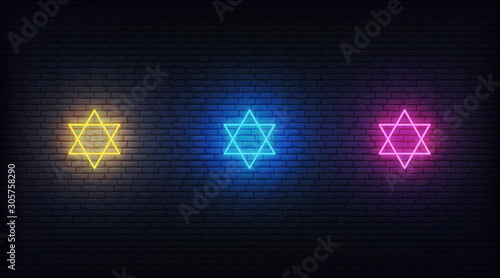Stars of David neon set. Jewish sign decorations for Hanukkah