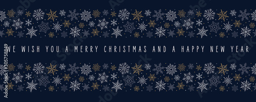 Christmas snowflakes elements ornaments border decoration card with greeting text seamless pattern blue background.