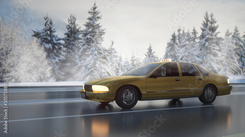 Snow-covered yellow taxi rides through the winter snowy forest road. The concept of safe and comfortable trips to the suburbs. 3d rendering © Dmitry