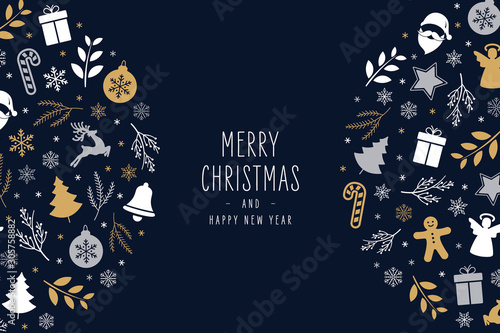 Christmas icons elements decoration greeting card on blue background