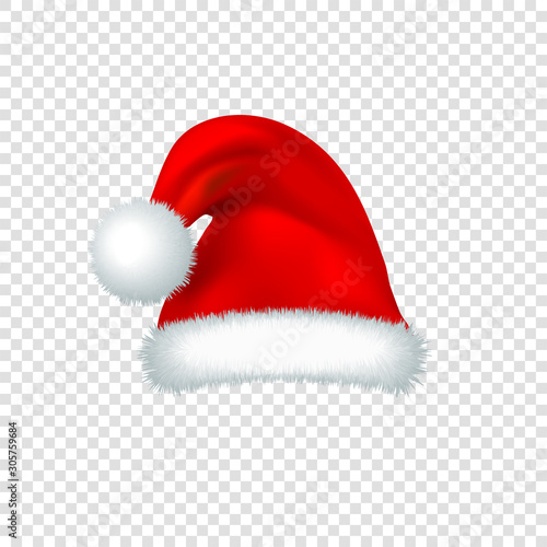 Santa Claus red hat isolated on transparent background. 3D Realistic vector illustration.