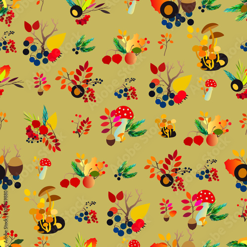 Autumn seamless pattern with berries  acorns  pine cone  mushrooms  branches and leaves.