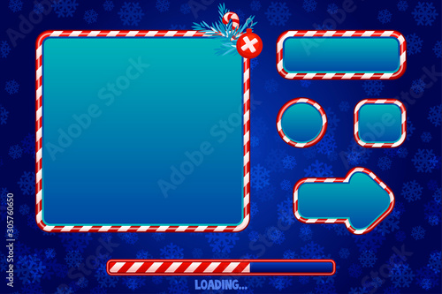 Christmas user interface and elements for game or web design. Buttons, boards and frame in red and blue. Game loading UI