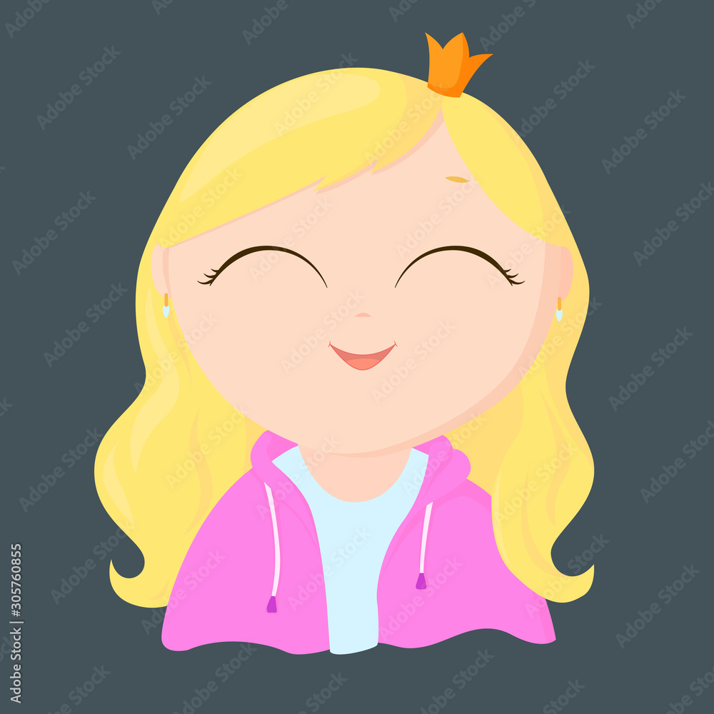 Little cartoon princess with blond hair. Happy girl in the crown. Smiling baby in a queen costume. Little cartoon princess with blond hair. Happy girl in the crown. Smiling baby in a queen costume.