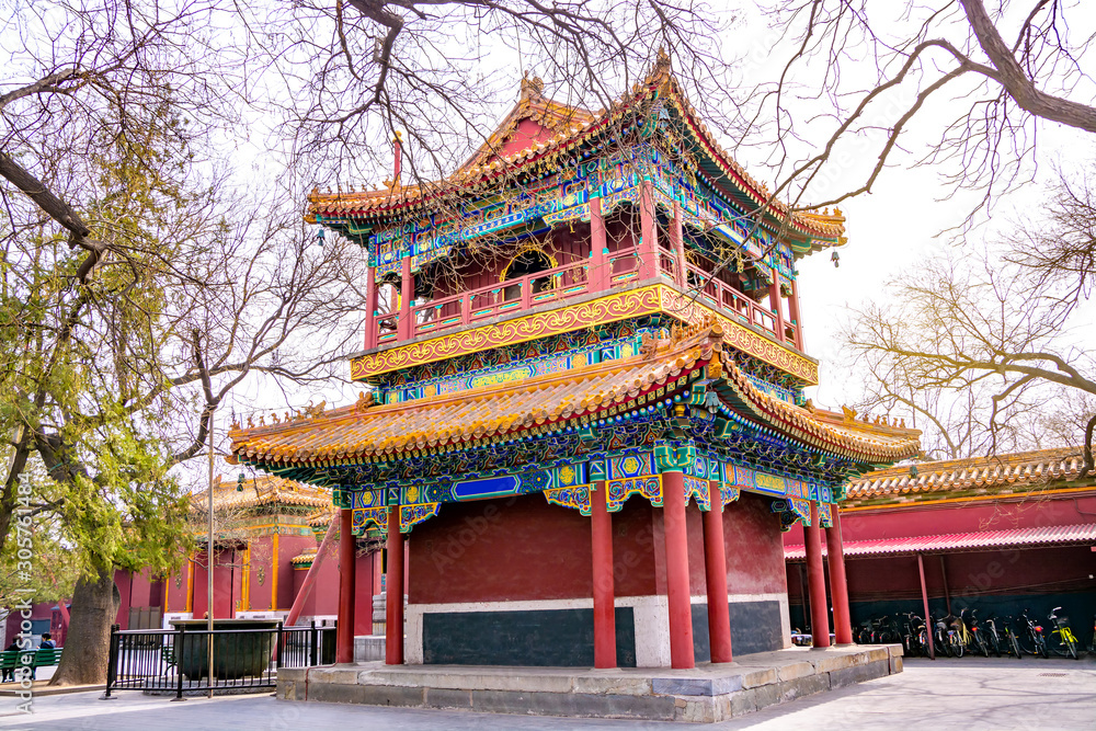 Fototapeta premium Territory of the famous temple complex Yonghegong - Lama temple in Beijing, China. It is one of the largest Tibetan Buddhist monasteries in the world
