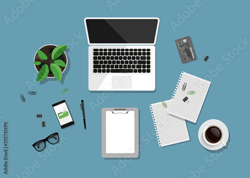 Top view of business workplace on blue background. Flat design of workspace with laptop, note book, cup of coffee, pot of plant, eyeglasses etc. Mock up of work desk. Vector illustration.