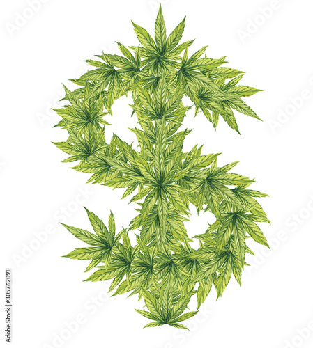 Green cannabis leaves laid out in the shape of a dollar. Watercolor illustration on a white background.