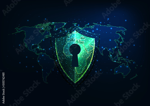 Futuristic cyber security concept with glowing low polygonal shield with access and world map.