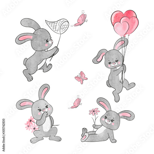 Set of cute cartoon baby rabbits. Vector watercolor bunny illustration.