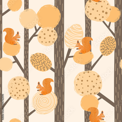 Seamless vector abstract autumn forest pattern with squirrels and trees.