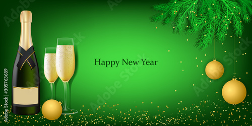 Christmas card with a bottle of champagne, wine glasses and toys. Realistic vector illustration with gold glitter. Design for banners, brochure, prints, postcards, flyers, cover, paper etc.