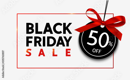 Black friday sale design template. Decorative price tag with red bow. Vector illustration