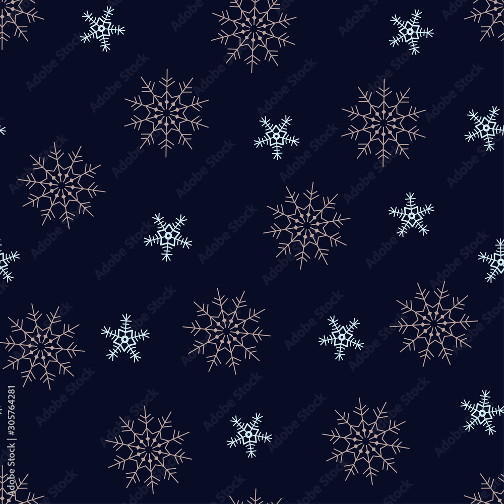 Seamless pattern geometric light brown and blue snowflakes big and small on a dark blue background. Vector illustration for winter print. Can be used as packaging Seamless pattern geometric light brown and blue snowflakes big and small on a dark blue background. Vector illustration for winter print. Can be used as packaging