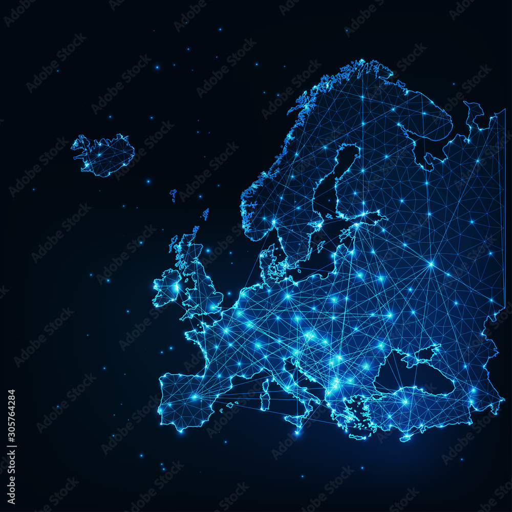 Futuristic Europe outline connectivity map with lines, stars, triangles, light particles framework. - obrazy, fototapety, plakaty 
