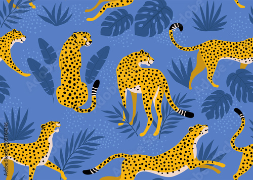 Leopard pattern with tropical leaves. Vector seamless texture. © Angelina Bambina