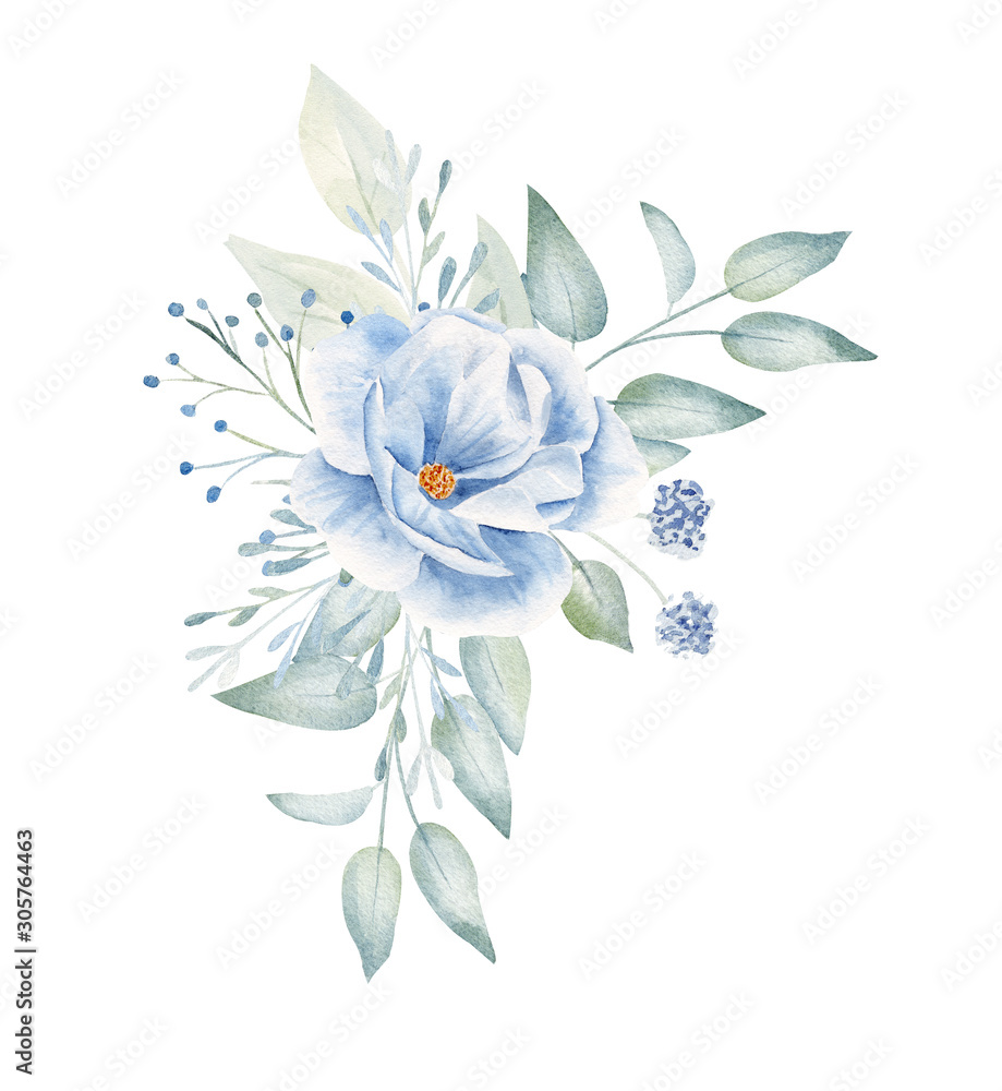 Blue flowers and leaves hand drawn illustration Blue flowers and leaves hand drawn illustration