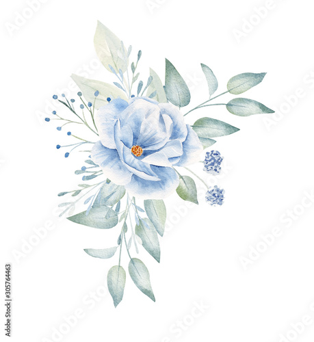 Blue flowers and leaves hand drawn illustration
