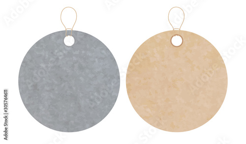 Blank gift tag labels for sale prices. Texture of realistic brown yellow and white gray kraft carton paper material with a rope. Stickers of different round circle shapes
