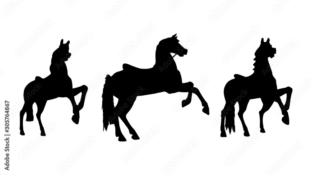 Fototapeta Funfair circus carousel carnival silhouettes set. Black horses small kit on white background