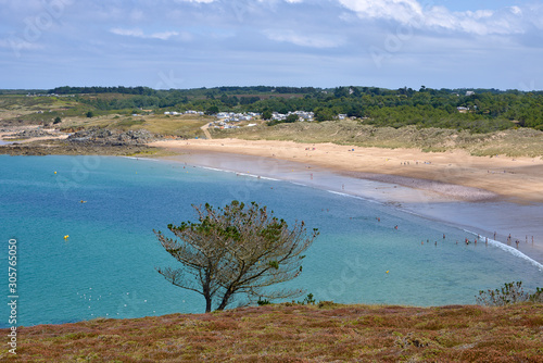 Fototapeta Naklejka Na Ścianę i Meble -  Aerial view of the beach of Pléhérel, a commune near of peninsula of Cap Fréhel in the Côtes-d'Armor department of Brittany in northwestern France