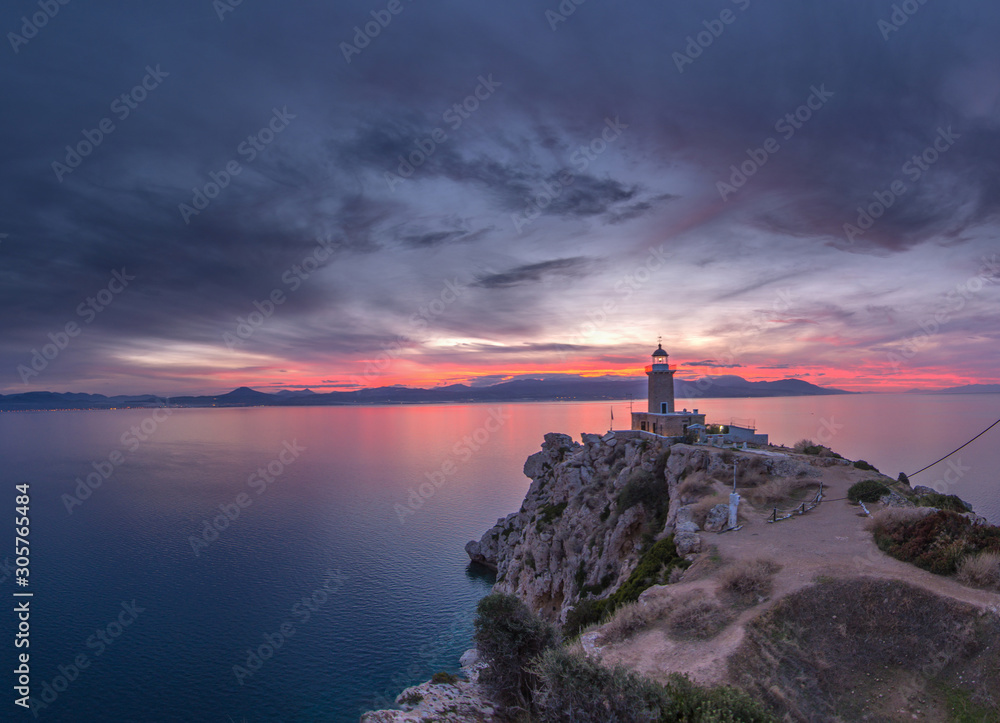 Melagavi Lighthouse at Sunset , Loutraki Greece