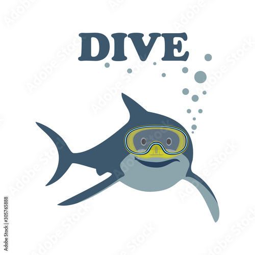 Cute smiling shark with a mask for diving. The inscription DIVE. Vector illustration.