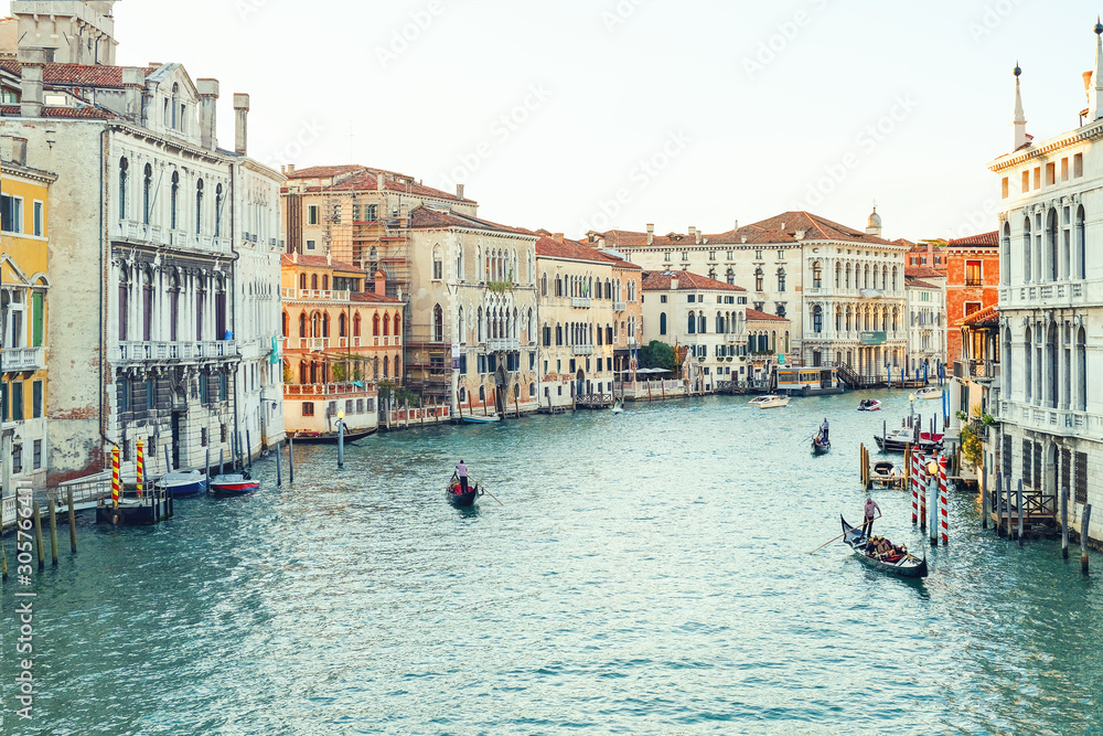 Gondolas on Grand Canal Venice Italy.