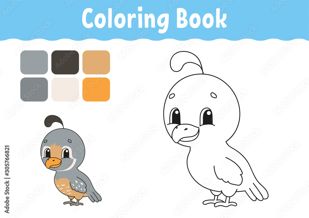 Fototapeta premium Coloring book for kids. Cheerful character. Vector illustration. Cute cartoon style. Fantasy page for children. Black contour silhouette. Isolated on white background.