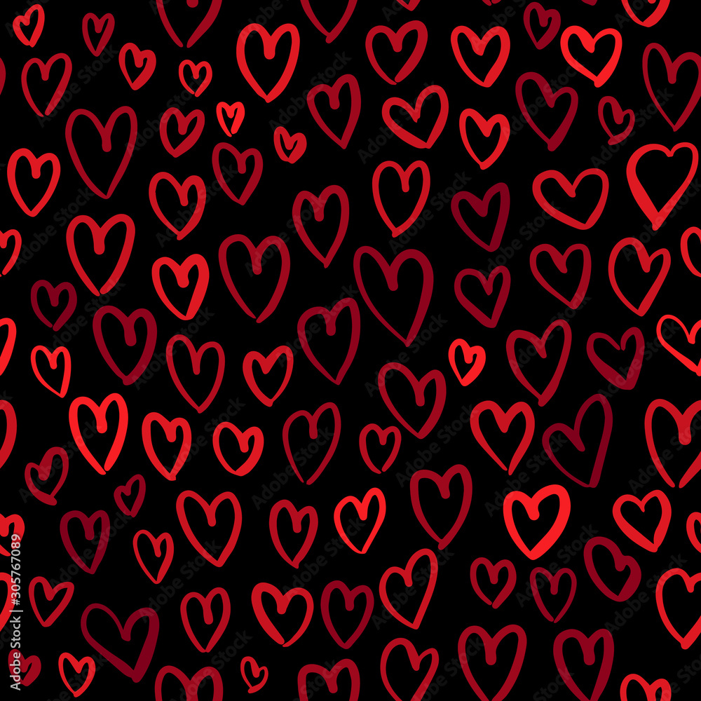 Romantic seamless pattern with cute images of red hearts on a dark background. The style of children's drawing. Romantic seamless pattern with cute images of red hearts on a dark background. The style of children's drawing.