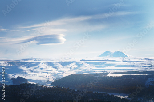 winter landscape with Elbrus with a cloud from the side of Kislovodsk