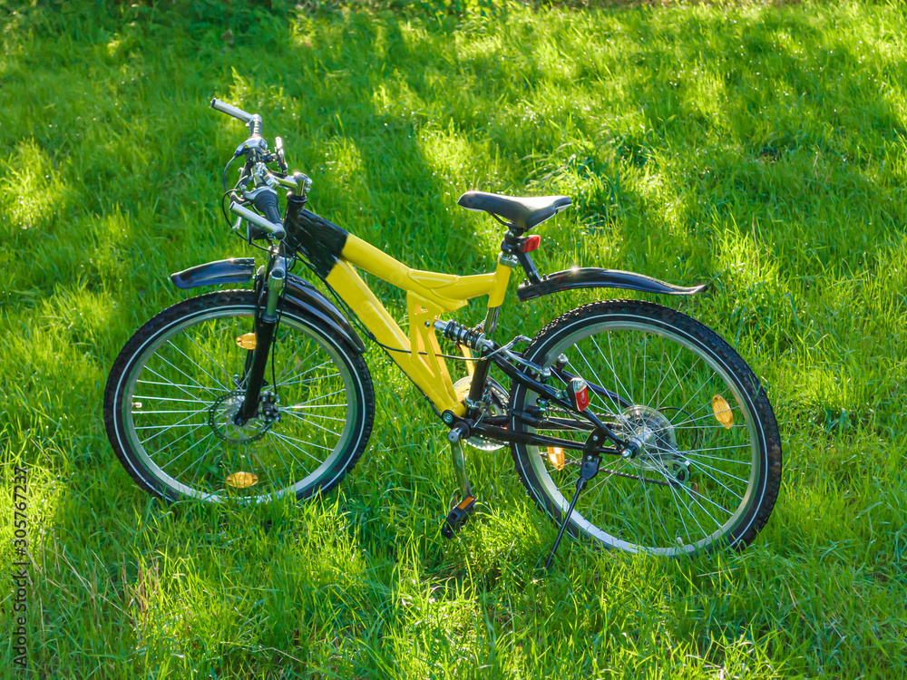 Full suspension mountain bike in grass