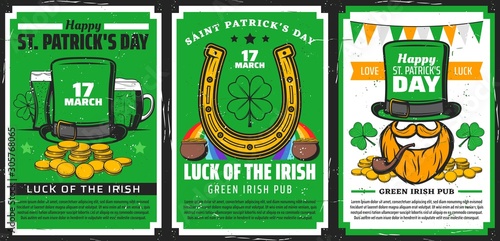 St Patricks Day religion holiday vector design of Irish pub party invitations. Shamrock or clover leaves, green beer and leprechaun with hat, pots of gold coins and lucky horseshoe, orange beard, pipe