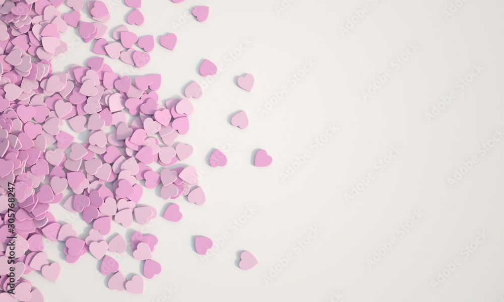 3D rendering of scatterd pink hearts on a white surface with lots of copy space