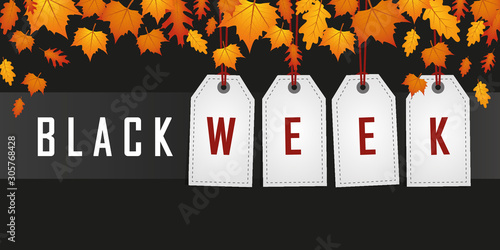 black week promotion hanging label with autumn leaves vector illustration EPS10