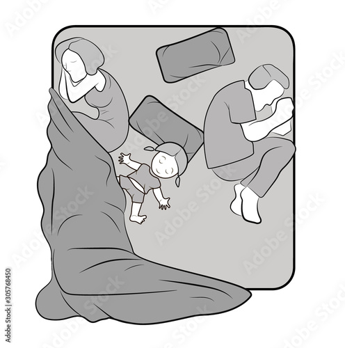 the child lies on the bed between the parents. children in the house.  vector illustration.