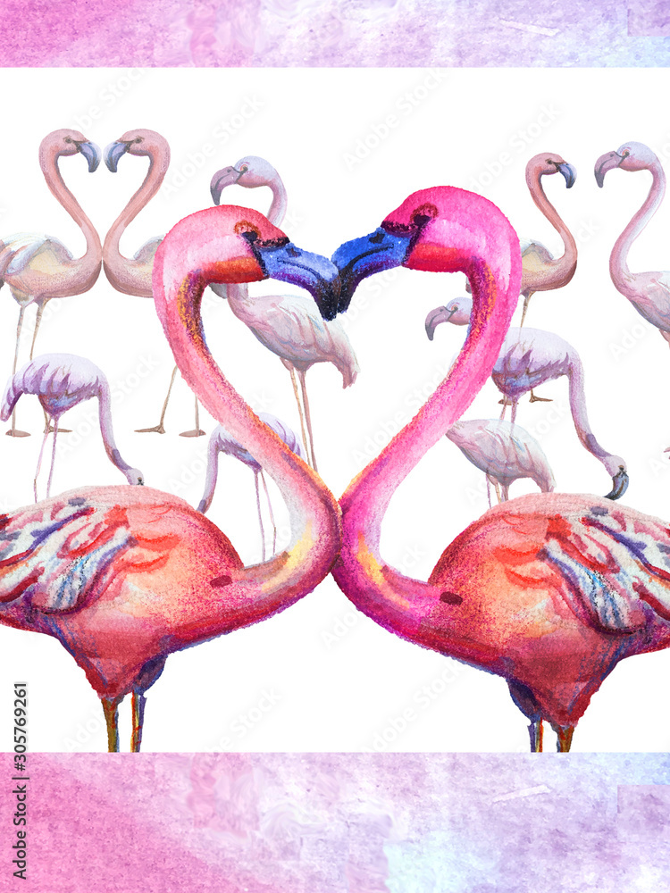 Naklejka premium Watercolor card with flamingo and hearts. Hand drawing exotic birds . Love. template for valentine day and any design. Pink, white, purple colors.