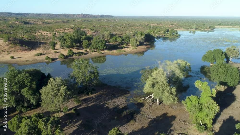 Aerial fly over view of a river in Gonarezhou National Park, Zimbabwe Aerial fly over view of a river in Gonarezhou National Park, Zimbabwe