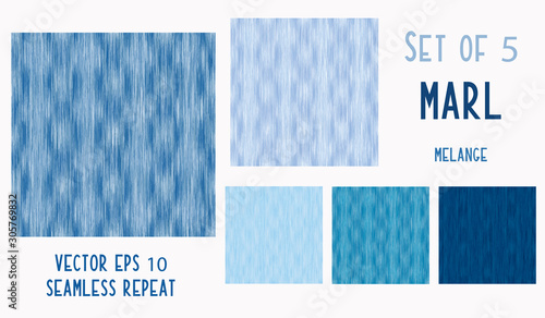 Dyed Denim Blue Marl Variegated Heather Texture Background. Vertical Blended Line Seamless Pattern. T-Shirt Fabric Bleached Indigo Jersey Textile. Triblend Melange Allover Print. Vector Eps 10 Set 5