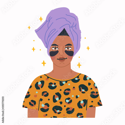 Skin care routine. Beautiful young black lady with eye patches and towel turban. Face care concept. Cleansing, moisturizing, treating. Hand drawn vector illustration. Cartoon style. Flat design