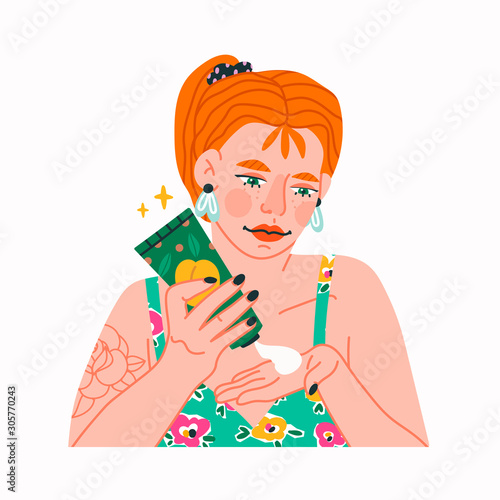 Skin care routine. Beautiful young redhaired lady squeezes cream or scrub. Face care concept. Cleansing, moisturizing, treating. Hand drawn vector illustration. Cartoon style. Flat design