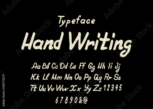 Hand drawn alphabet font. Handwritten letters and numbers in imitation of handwriting on dark background. Stock vector typeface for your headers or any typography design.